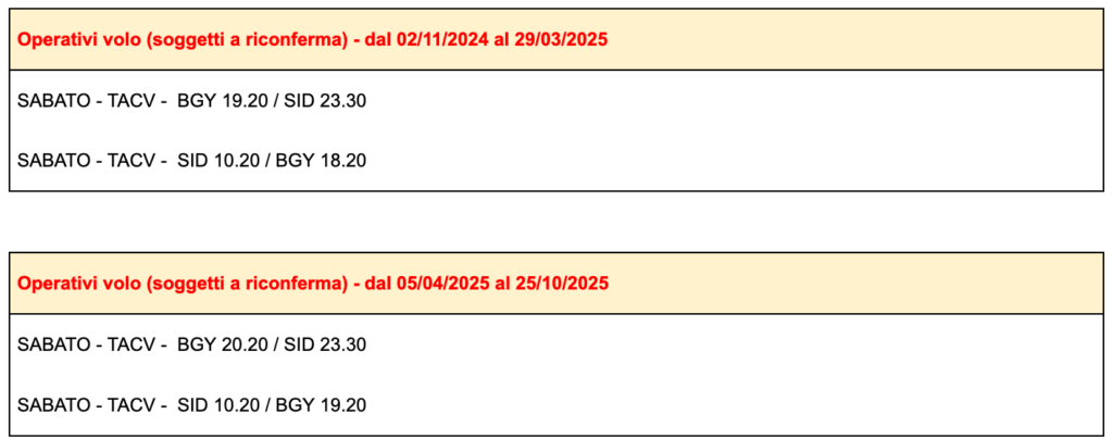 Due tabelle mostrano gli orari dei voli per Halos Casa Resort. La prima tabella elenca i voli dal 2 novembre 2024 al 29 marzo 2025 e la seconda dal 5 aprile 2025 al 25 ottobre 2025.