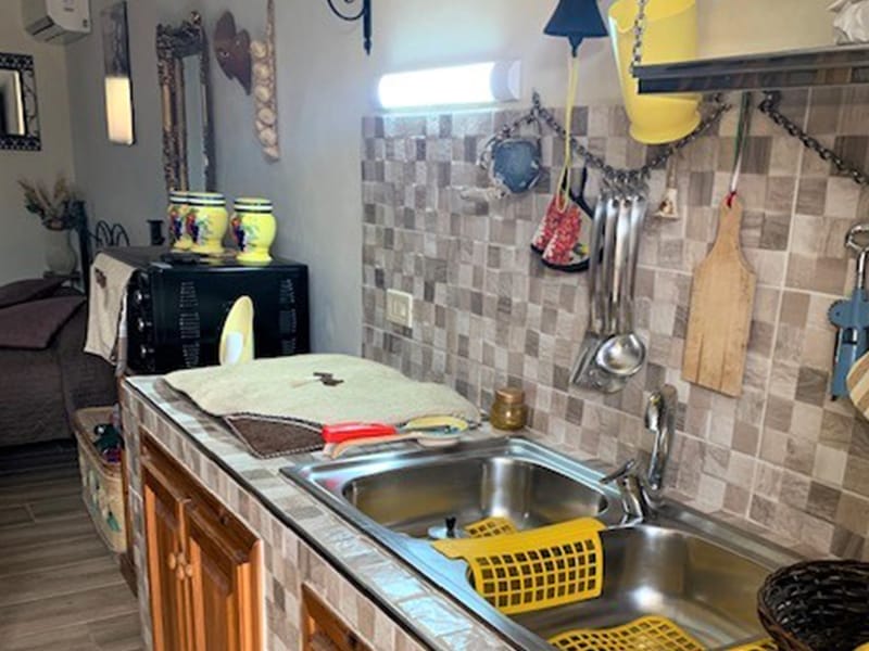 Una piccola cucina con lavello e utensili in un residence.