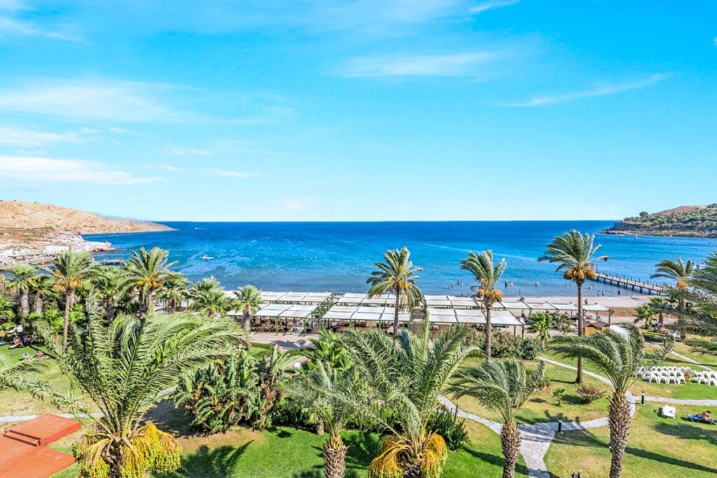 Un'offerta viaggio a Bodrum in Turchia: Una veduta aerea di un resort con palme e una spiaggia.