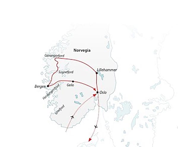 Un Caleidoscopio di Fiordi in Norvegia che mostra il percorso tra la Norvegia e la Svezia.