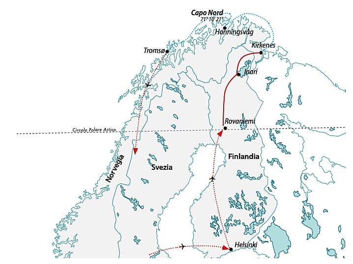 Una mappa che mostra il percorso dalla Norvegia alla Svezia, offrendo un'esperienza unica e accattivante del fenomeno del sole di mezzanotte.
