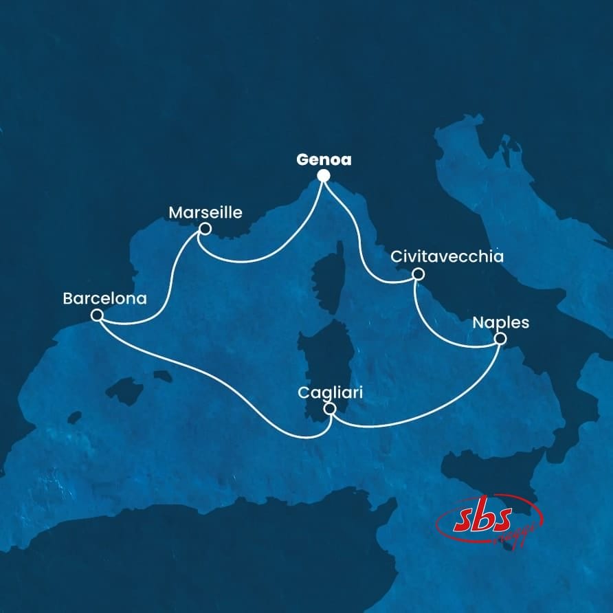Mappa che mostra la rotta della Crociera Costa Smeralda che collega Barcellona, Marsiglia, Genova, Civitavecchia, Napoli e Cagliari nel Mar Mediterraneo.