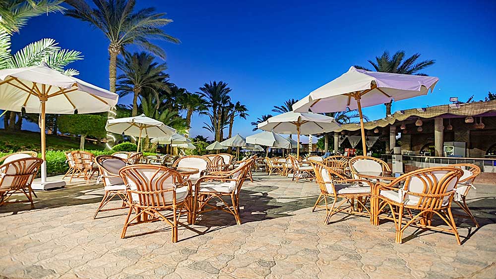 Area salotto all'aperto con tavoli, sedie e ombrelloni, sullo sfondo di palme e cielo azzurro nell'offerta villaggio Marsa Alam.