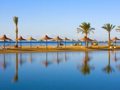 Scena di spiaggia con palme, ombrelloni di paglia e sedie a sdraio allineate lungo una riva sabbiosa di Hurghada