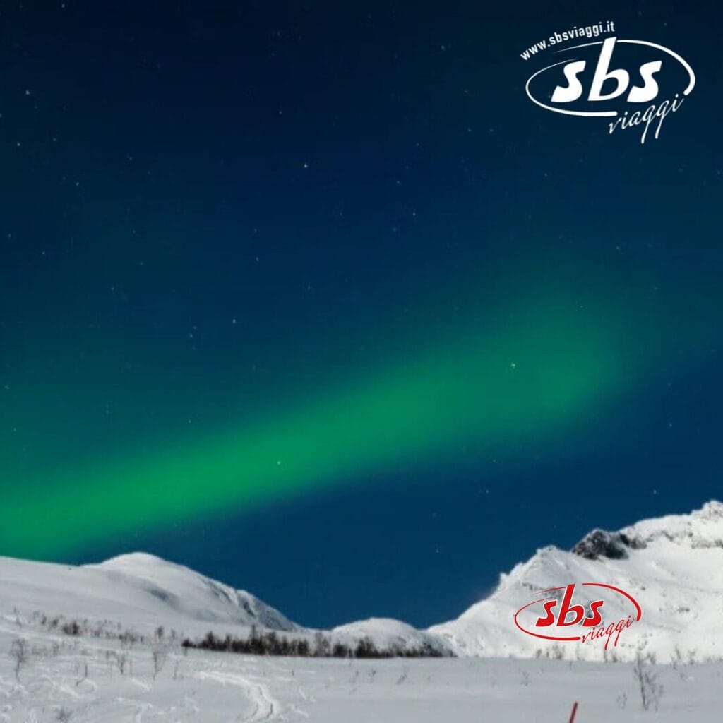 L'aurora boreale verde danza sulle montagne innevate, dipingendo uno scenario ipnotizzante nel cielo notturno stellato del paesaggio artico di Tromso; logo 