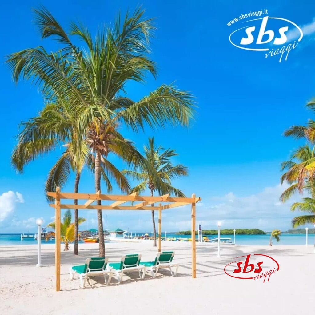 Scena di spiaggia tropicale con palme ondeggianti e quattro sedie a sdraio verdi sotto un rustico pergolato di legno, sullo sfondo di un oceano calmo. Il cielo azzurro e le nuvole soffici completano questa fuga serena. Un logo 