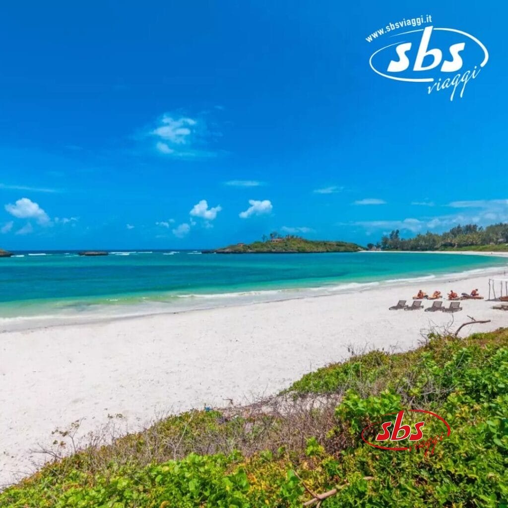 Una spiaggia incontaminata con sabbia bianca e acqua turchese sotto un cielo azzurro e limpido al Lily Palm Beach Resort. Diverse sedie a sdraio sono disposte lungo la riva. Logo 