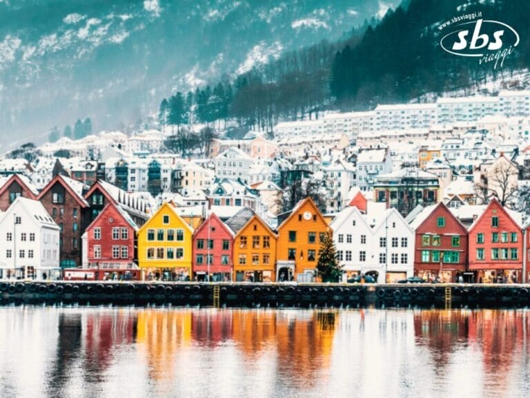 Case colorate costeggiano il lungomare, con colline innevate sullo sfondo, catturando il fascino dei fiordi in tutto il suo splendore.