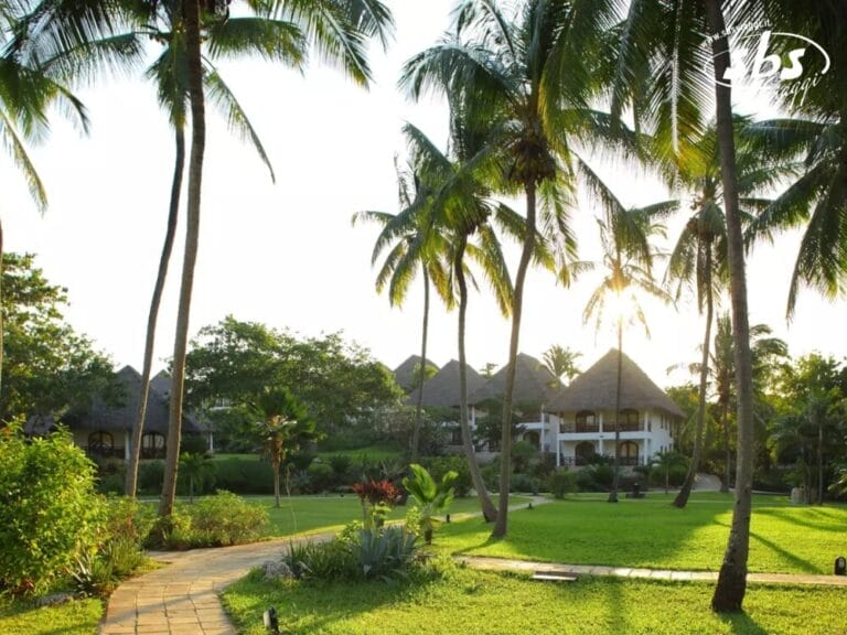 Un lussureggiante giardino tropicale con alte palme costeggia il sentiero, invitandovi a scoprire gli edifici con i tetti di paglia del Bluebay Beach Resort, dove vi attende una serena esperienza spa sullo sfondo.