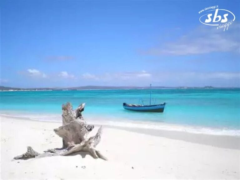 Una piccola barca è ancorata vicino alla riva della spiaggia di sabbia bianca incontaminata di Jumbo Watamu, con acqua turchese e un cielo azzurro limpido. Un pezzo di legno galleggiante riposa in primo piano.