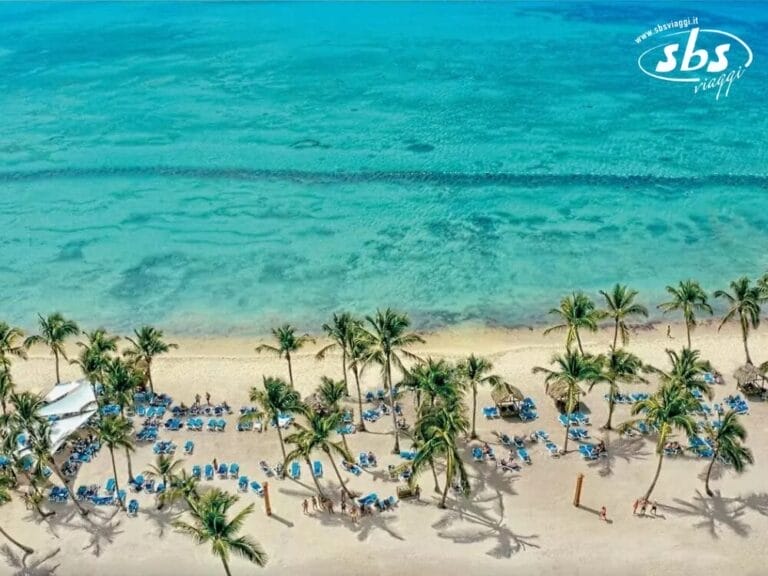 Vista aerea della spiaggia sabbiosa del Veraclub, con palme, lettini prendisole e acqua turchese e cristallina, che offre un perfetto panorama solare.