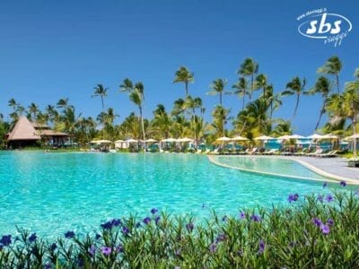 Una piscina da resort tropicale, abbracciata dalla bozza automatica di palme e sedie a sdraio sotto gli ombrelloni, si dispiega sotto un cielo azzurro brillante. I fiori viola aggiungono un tocco vibrante in primo piano.