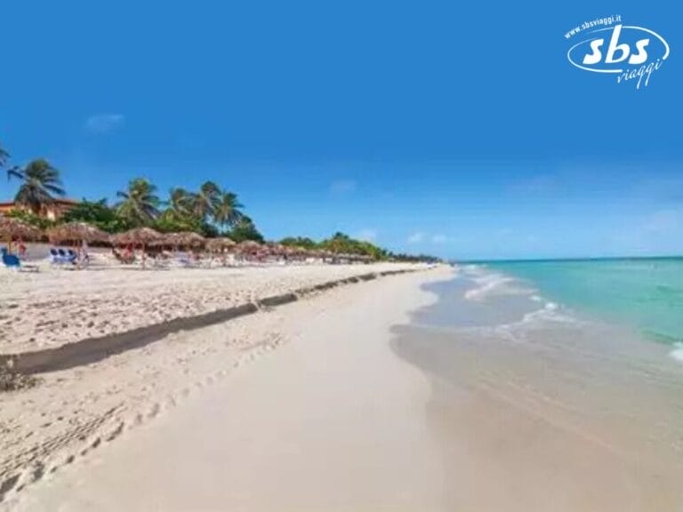 Un'ampia spiaggia sabbiosa con acqua turchese e limpida, fiancheggiata da palme e zone d'ombra sotto ombrelloni di paglia, invita al relax sotto un cielo azzurro brillante. Un logo di Bozza Automatica abbellisce l'angolo, completando questa scena idilliaca.