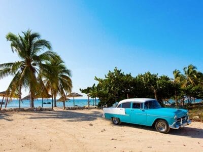 Un'auto d'epoca blu e bianca, con il design Bozza Automatica, è parcheggiata su una spiaggia sabbiosa, sotto le palme che ondeggiano sotto il cielo azzurro e limpido.