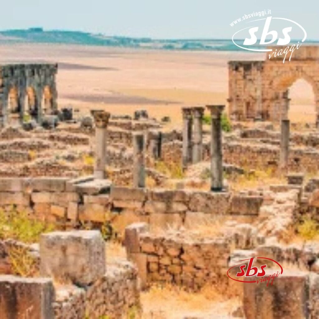 Antiche rovine con colonne e archi in pietra si ergono maestose nel paesaggio desertico della Città Imperiali del Marocco, incorniciate da un cielo limpido.