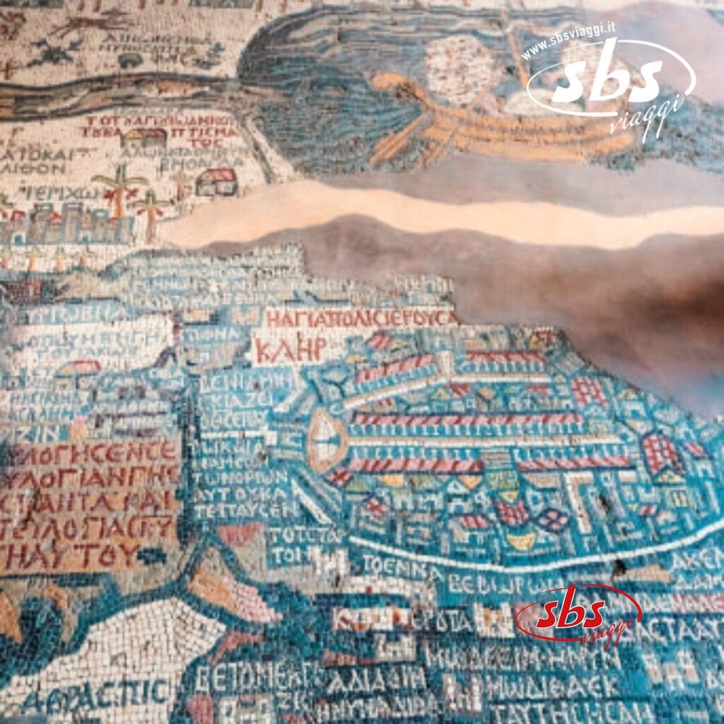 Mappa a mosaico raffigurante le meraviglie della Giordania, elementi geografici e testuali dettagliati in colori vivaci, con una filigrana nell'angolo in alto a destra. Perfetta per chi è affascinato dal turismo e dall'esplorazione.