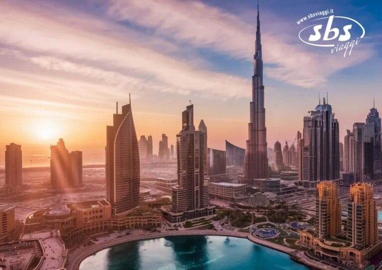 Una vista aerea dello skyline della moderna città di Dubai al tramonto rivela imponenti grattacieli e uno specchio d'acqua scintillante in primo piano. Il cielo parzialmente nuvoloso è dipinto in vivaci tonalità di arancione e viola.