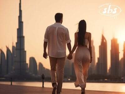 Una coppia che si tiene per mano passeggia sul lungomare al tramonto, con l'iconico skyline di Dubai e l'alta torre sullo sfondo, creando una perfetta atmosfera di San Valentino.