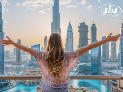 Una donna con i capelli lunghi è in piedi su un balcone a Dubai, con le braccia tese, mentre il sole tramonta dietro i moderni grattacieli.