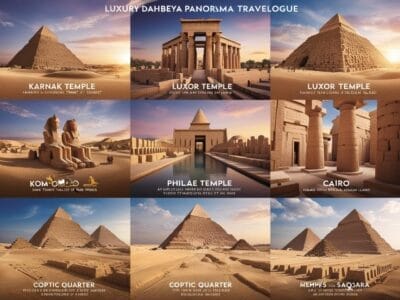 Collage di monumenti egiziani: il tempio di Karnak, il tempio di Luxor, Kom Ombo, il tempio di Philae, il quartiere copto del Cairo, Menfi e le piramidi di Saqqara sotto cieli luminosi: una bozza automatica che cattura secoli di storia in un unico fotogramma.