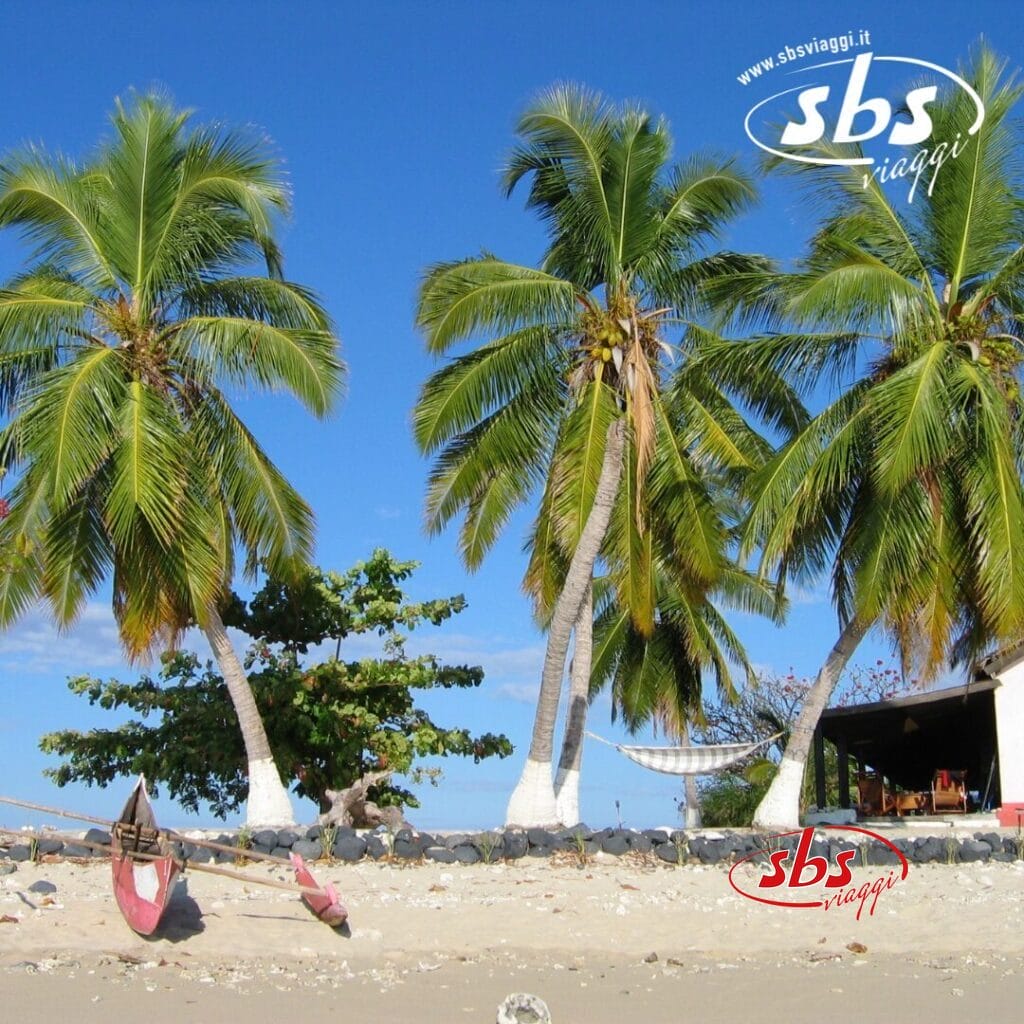 Lo scenario della spiaggia tropicale del Madagascar si dispiega con quattro palme che ondeggiano dolcemente, una piccola barca adagiata sulla sabbia e una pittoresca capanna sullo sfondo sotto un cielo azzurro e limpido: un ambiente perfetto per rilassarsi e abbandonarsi all'avventura.