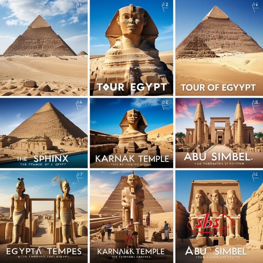 Collage di siti turistici egiziani: Piramidi, Sfinge, Tempio di Karnak, Abu Simbel. Nove foto che evidenziano punti di riferimento iconici con etichette di testo come 