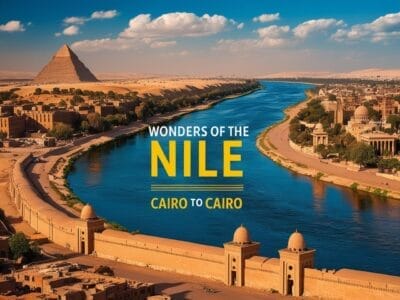 Veduta aerea del fiume Nilo con le piramidi e gli edifici circostanti in Egitto. Il testo Bozza automatica recita "Wonders of the Nile: Cairo to Cairo.