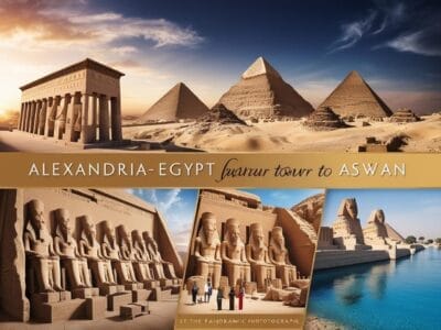 Un poster turistico che mostra le Piramidi di Giza, i templi egizi e una crociera sul Nilo, con il testo: "Tour di lusso da Alessandria d'Egitto ad Assuan". Vivi la magia dell'Egitto con un tocco di bozza automatica.