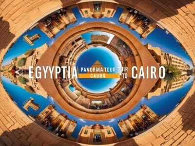 Panorama circolare del Cairo con monumenti architettonici sotto un cielo azzurro brillante, catturato con bozza automatica. Il testo al centro recita "Tour panoramico egiziano al Cairo.