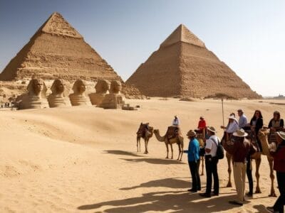 Turisti e cammelli attraversano con grazia la bellezza senza tempo delle Piramidi di Giza e della Grande Sfinge sotto un cielo limpido, catturando una scena che sembra quasi una bozza automatica nella sua composizione perfetta.