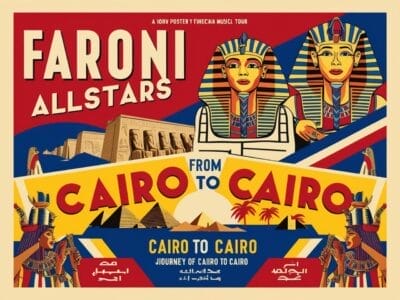 Manifesto colorato per "Il Cairo al Cairo", con elementi Bozza automatica che fondono temi egiziani, tra cui faraoni e piramidi, e la scritta "Faroni Allstars" in grassetto.