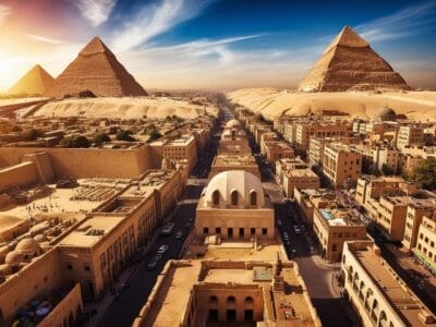 Vista aerea di una città con strade trafficate, edifici antichi e le Piramidi di Giza in lontananza sotto un cielo luminoso, creando una scena che sembra una "bozza automatica" che cattura sia la storia che la vita vibrante.