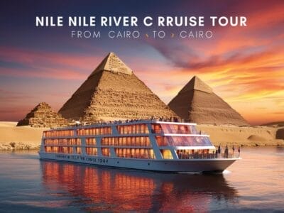 Una nave da crociera sul fiume Nilo scivola dolcemente con le maestose piramidi di Giza sullo sfondo, presentando un "Tour in crociera sul fiume Nilo dal Cairo al Cairo". Vivi un'esperienza di relax e meraviglia in questo viaggio indimenticabile.