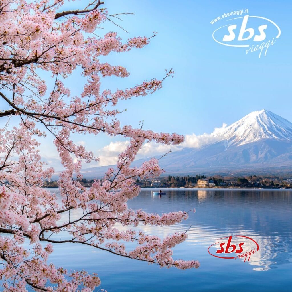 I fiori di ciliegio vicino a un lago calmo, con una montagna innevata sullo sfondo sotto un cielo azzurro e limpido, creano uno scenario così mozzafiato che sembra quasi una bozza automatica, una bozza impeccabile della grandezza della natura.