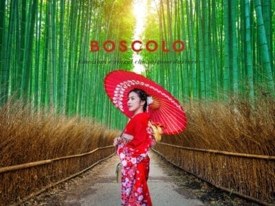 Una donna in kimono rosso con un parasole è in piedi su un sentiero nella foresta di bambù sotto la luce del sole, catturando l'essenza del Giappone. "BOSCOLO" sopra.