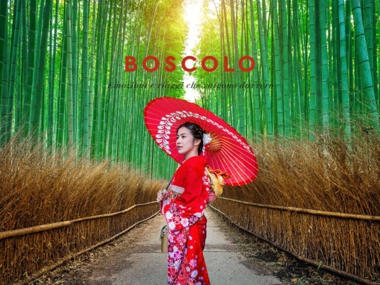 Una donna in kimono rosso con un parasole è in piedi su un sentiero nella foresta di bambù sotto la luce del sole, catturando l'essenza del Giappone. "BOSCOLO" sopra.
