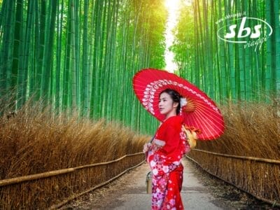 Una persona in kimono rosso tiene in mano un parasole rosso, incarnazione del Giappone classico, mentre è in piedi su un sentiero circondato da maestosi alberi di bambù. Un logo adorna l'angolo in alto a destra.
