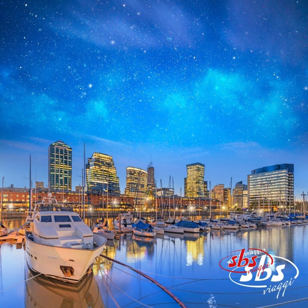 In primo piano un porto turistico con barche ormeggiate, sullo sfondo lo skyline di Buenos Aires con edifici illuminati e sopra di lui un cielo stellato.