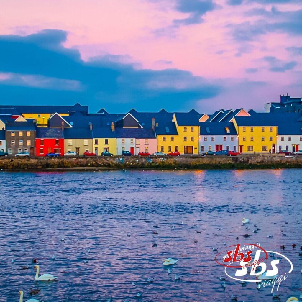 Colorate case a schiera costeggiano il lungomare di Belfast sotto un cielo rosa e azzurro, con cigni che nuotano nell'acqua, catturando il fascino vibrante dell'Irlanda.