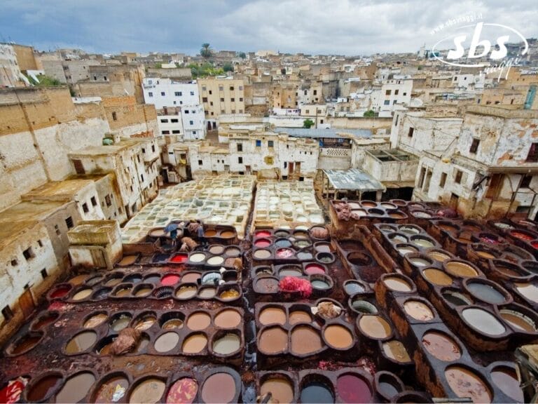Scoprite il Marocco ammirando il tetto di una conceria tradizionale con vista panoramica, che mette in mostra file di tini circolari per la tintura in tonalità vivaci, incastonati tra edifici usurati in un contesto urbano.