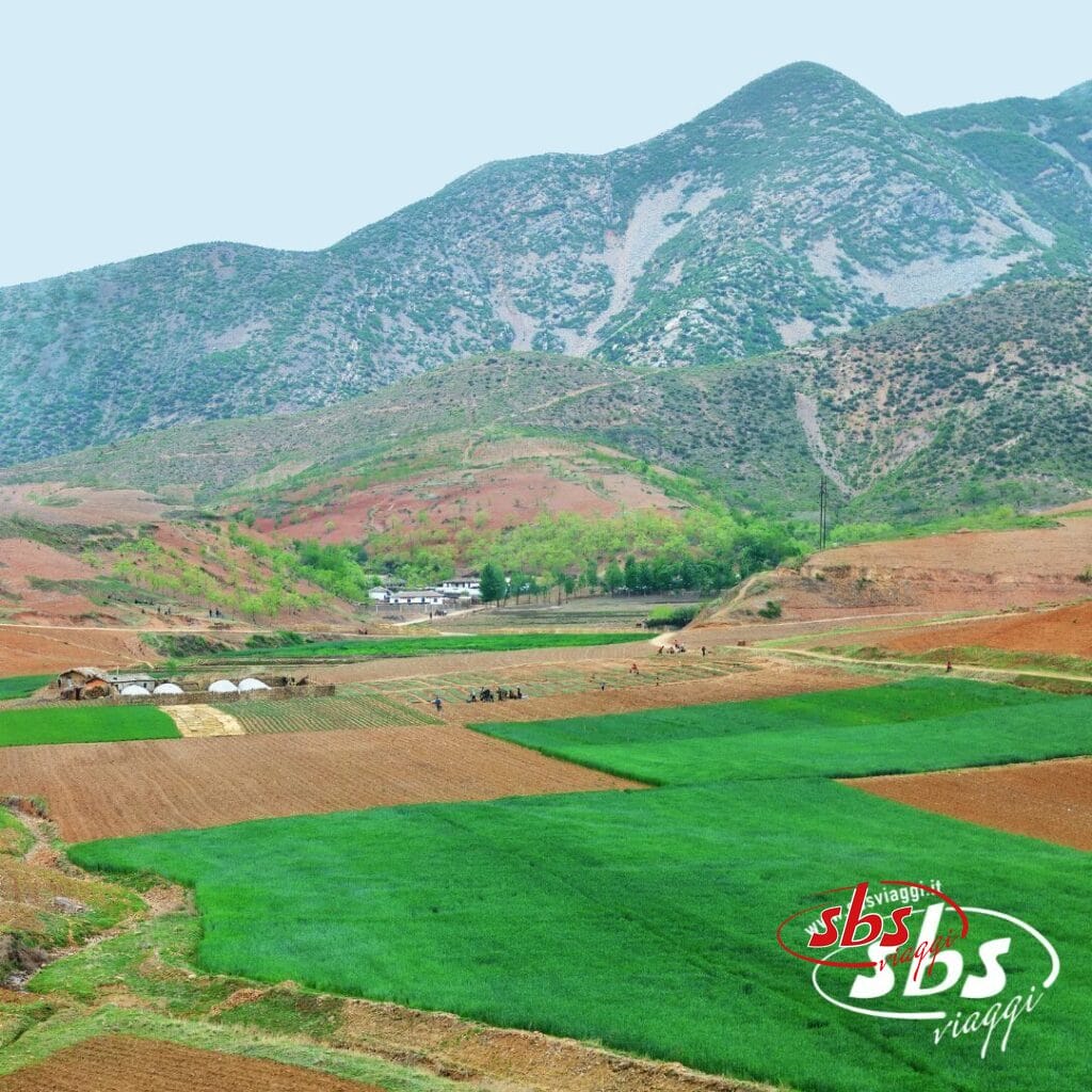 Campi a mosaico in una valle rurale con montagne sullo sfondo; alcuni appezzamenti verdi e marroni, piccole strutture e il logo sbs viaggi in primo piano: perfetti per la tua avventura Gran Tour della Corea o Tour Corea.