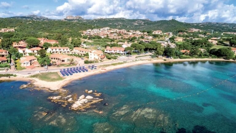 Vista aerea di un villaggio costiero con spiaggia sabbiosa, acqua turchese e verdi colline sullo sfondo, immortalata in una bozza automatica per preservarne la bellezza naturale.