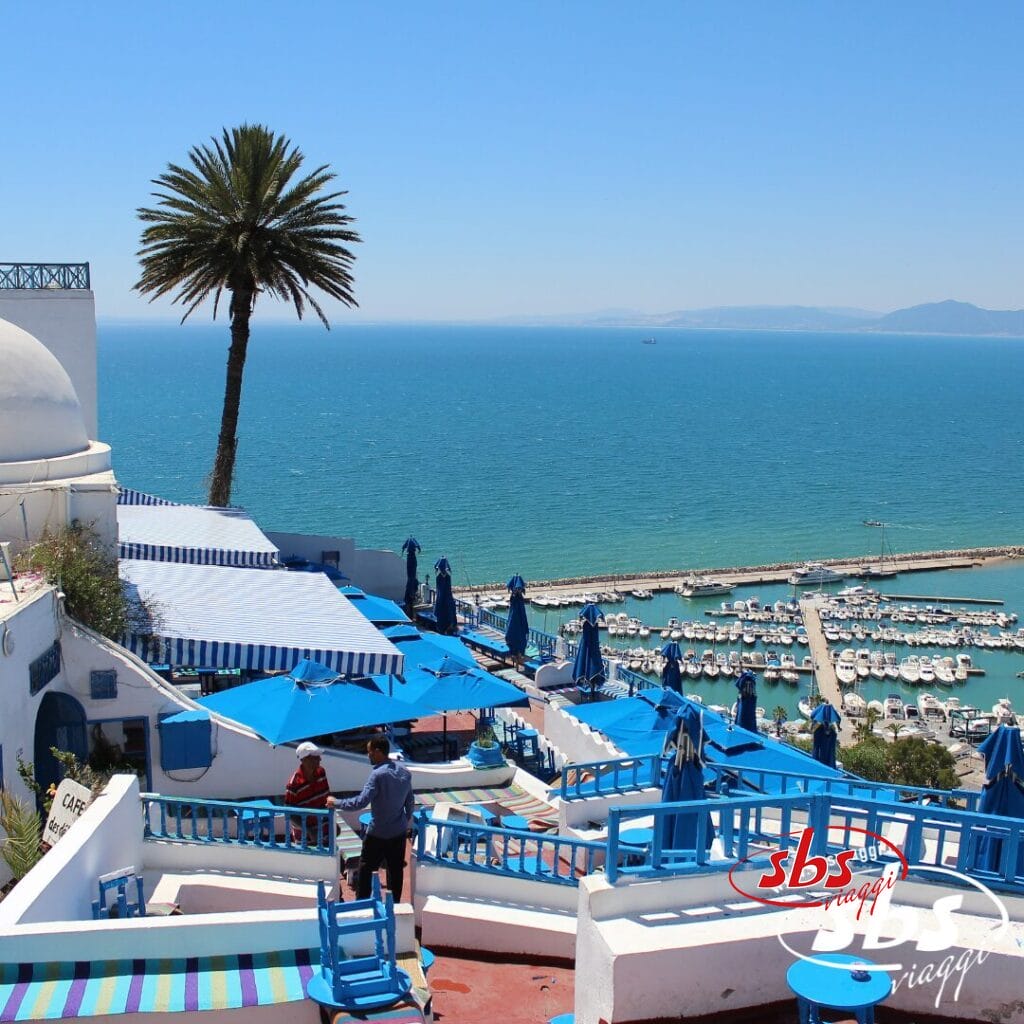 Un caffè sul mare arredato in blu e bianco si affaccia sul porto turistico e sull'oceano sotto un cielo limpido: una tappa ideale del tuo Tour Autentica Tunisia.
