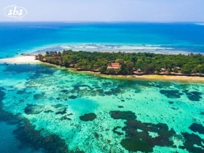Vista aerea di un'isola tropicale al largo della Tanzania, con vegetazione lussureggiante, spiagge sabbiose e le limpide acque turchesi del Mare.