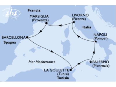Mappa che mostra una rotta di crociera nel Mediterraneo, la Bozza automatica, che collega Spagna, Francia, Italia e Tunisia con le principali città contrassegnate.