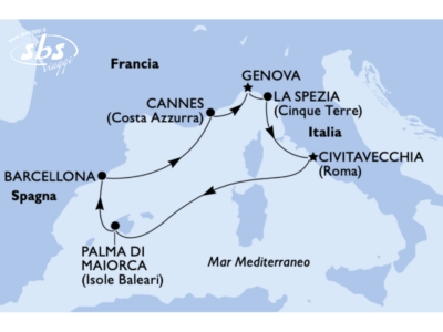 Mappa che mostra una rotta di crociera nel Mediterraneo, Bozza automatica, che collega Barcellona, Palma, Cannes, Genova, La Spezia e Civitavecchia.